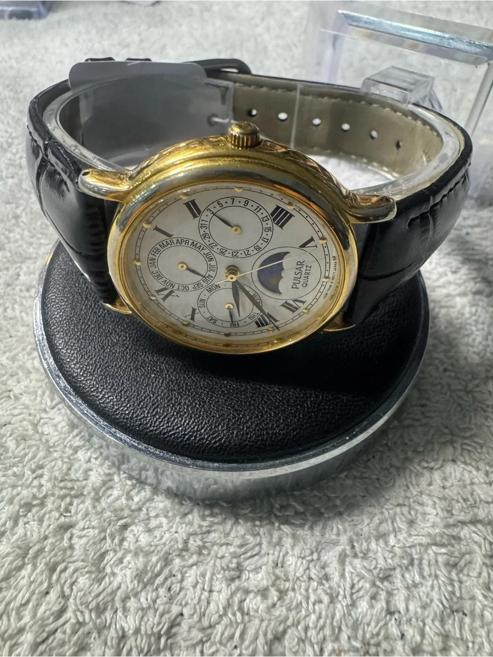 Pulsar Gold-Tone Case White Dial Black Leather Strap Moonphase Watch